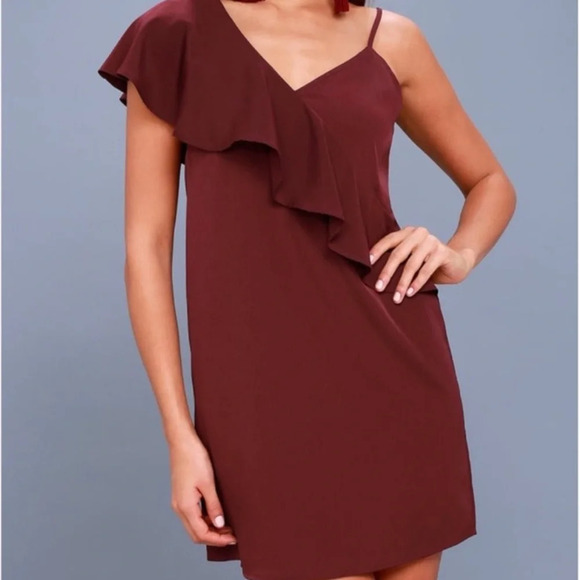 Lulu’s Time Of Your Life Asymmetrical Mini Burgundy One Shoulder Dress - Picture 2 of 5